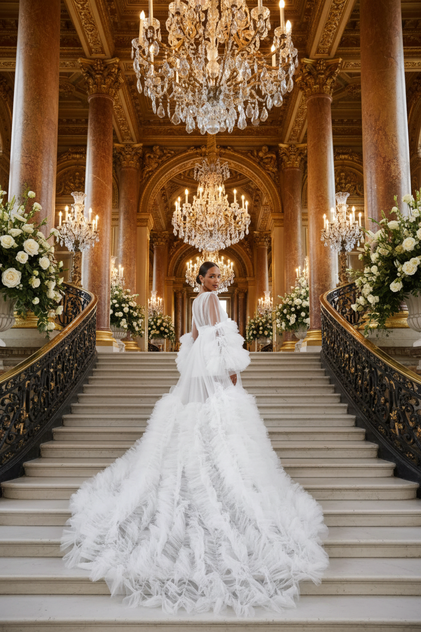 👑 QUEEN BRIDAL GOWN — ROBE DE MARIÉE TULLE MANCHES PAPILLON