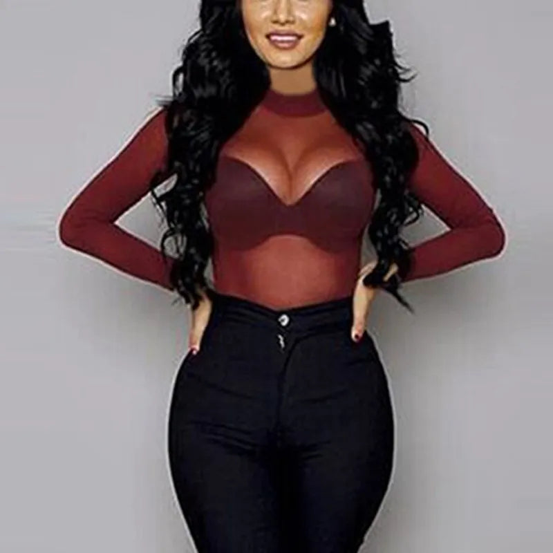 👑 QUEEN MESH TURTLENECK TOP — HAUT TRANSPARENT COL ROULÉ MAILLE SLIM MANCHES LONGUES