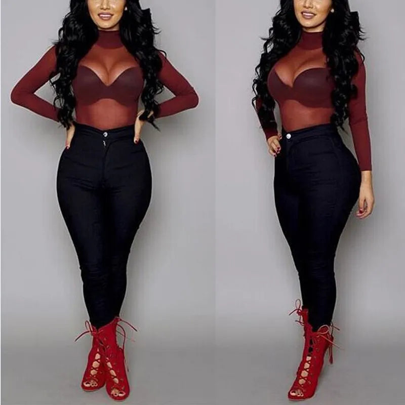 👑 QUEEN MESH TURTLENECK TOP — HAUT TRANSPARENT COL ROULÉ MAILLE SLIM MANCHES LONGUES
