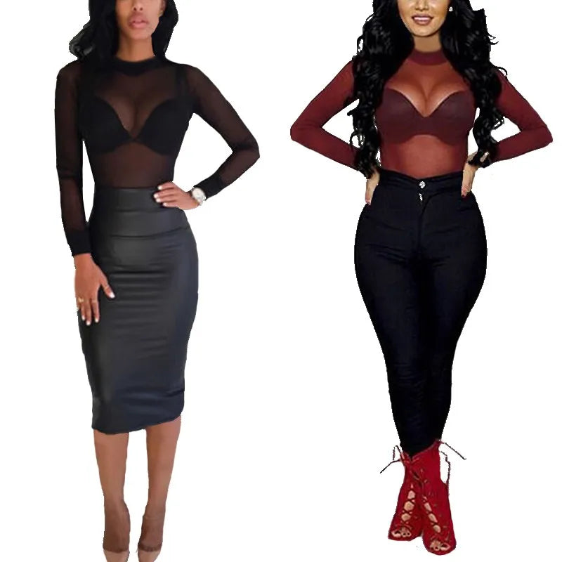 👑 QUEEN MESH TURTLENECK TOP — HAUT TRANSPARENT COL ROULÉ MAILLE SLIM MANCHES LONGUES