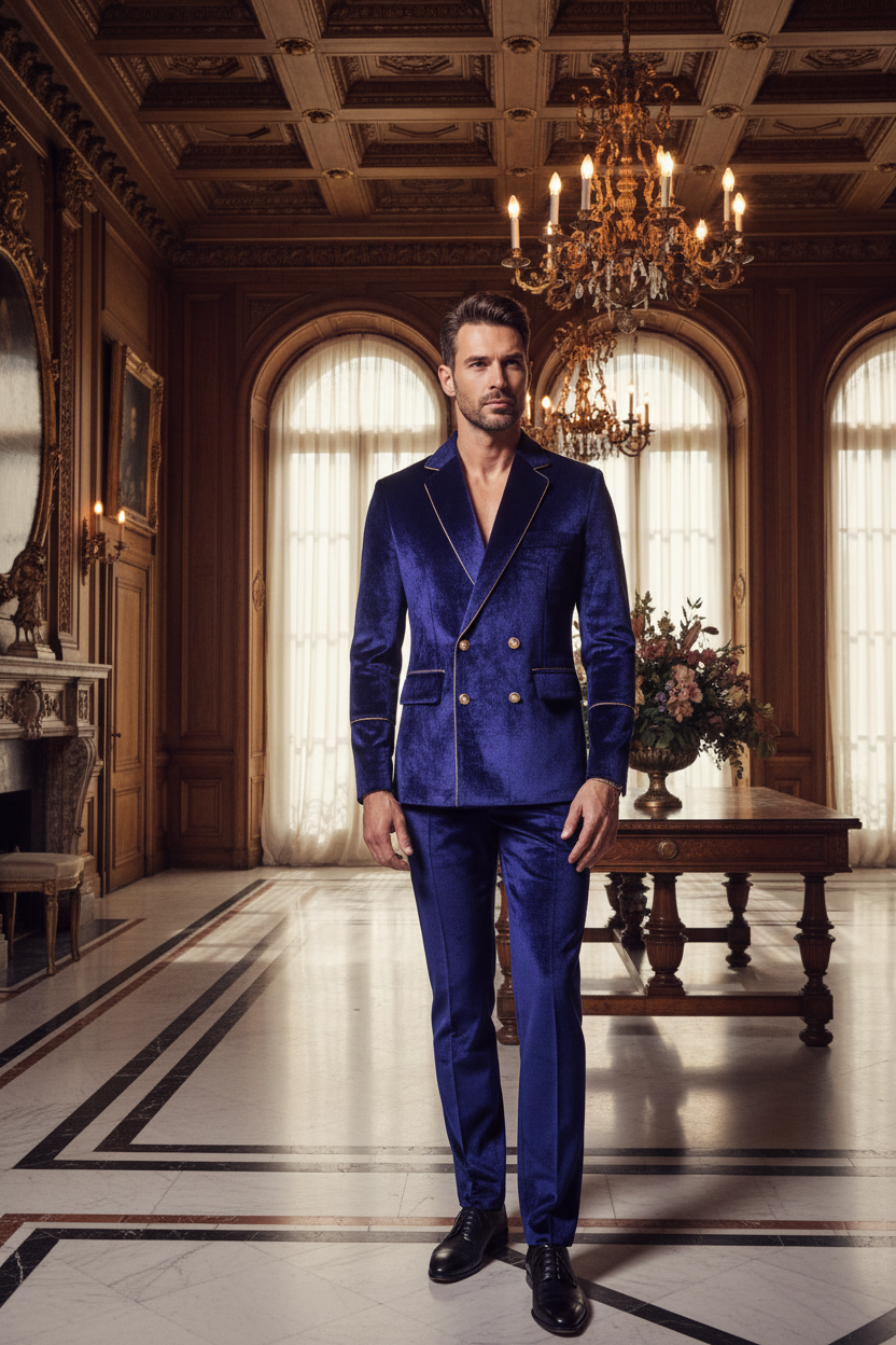 👑 KING VELOURS LISERET OR — COSTUME DOUBLE BOUTONNAGE
