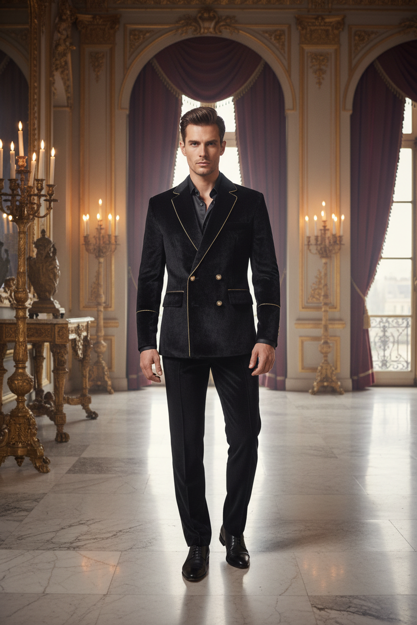 👑 KING VELOURS LISERET OR — COSTUME DOUBLE BOUTONNAGE