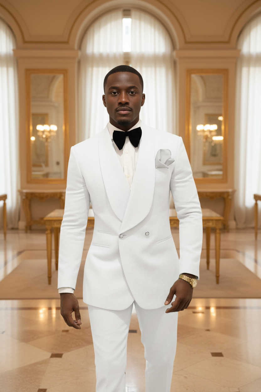 👑 KING WHITE PATTERN — SMOKING MARIÉ BLANC MOTIF REVERS CHÂLE 2 PIÈCES ÉDITIONRUNWAY EDITION