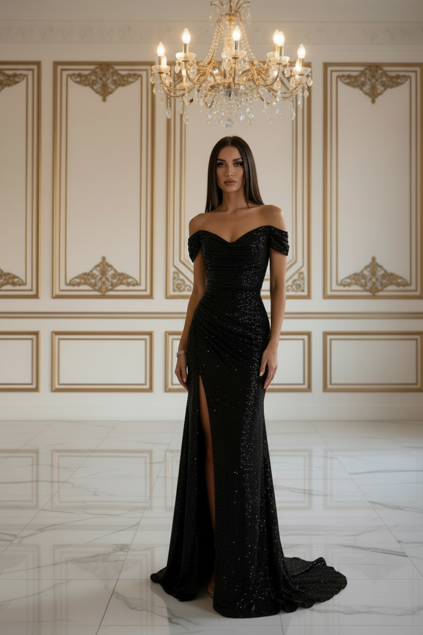 👑 QUEEN SEQUIN MAXI DRESS — ROBE LONGUE PAILLETTES COL BATEAU FENTE