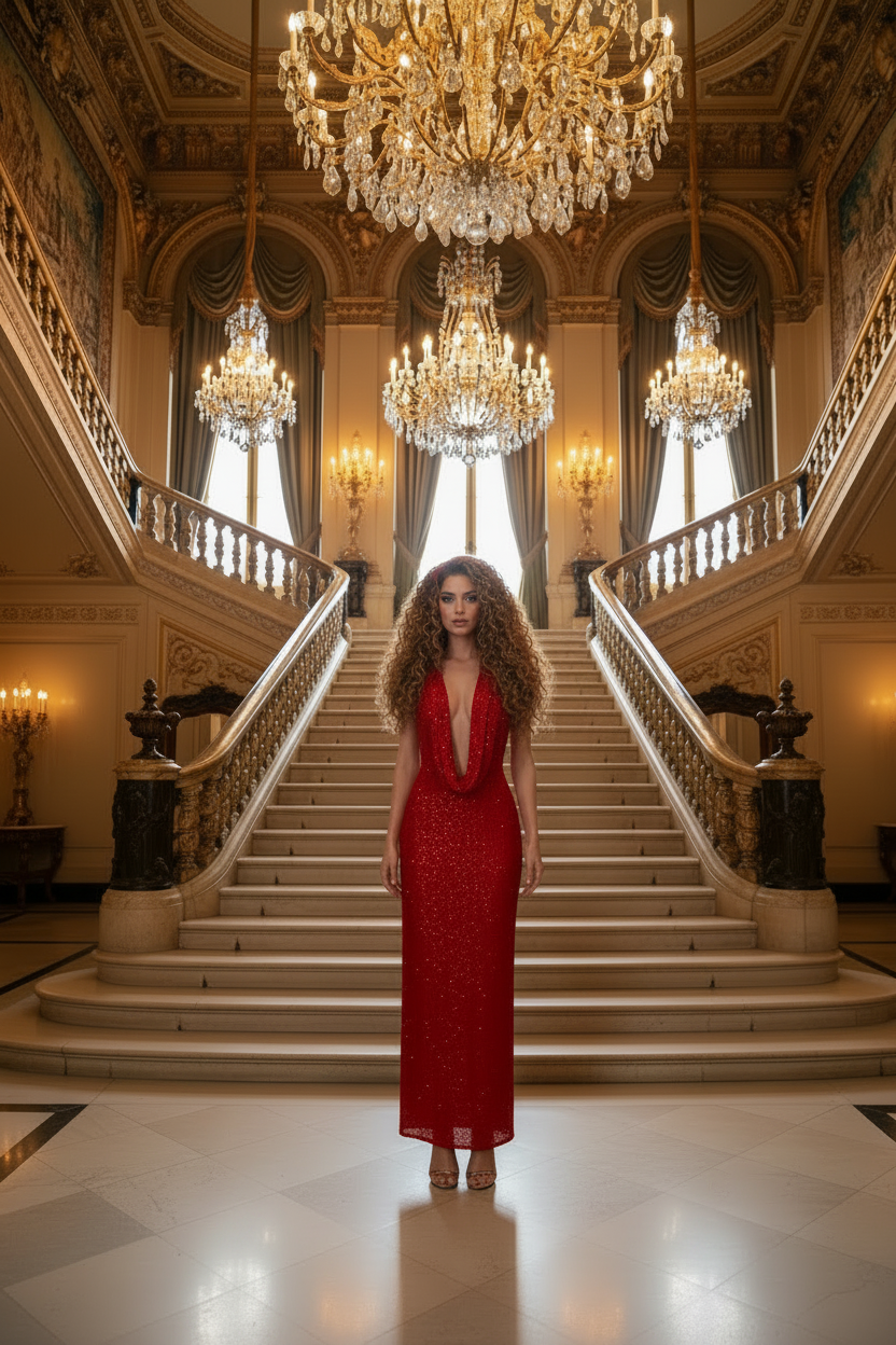 👑 QUEEN SEQUIN DRESS — ROBE LONGUE SEQUINS COL V PROFOND