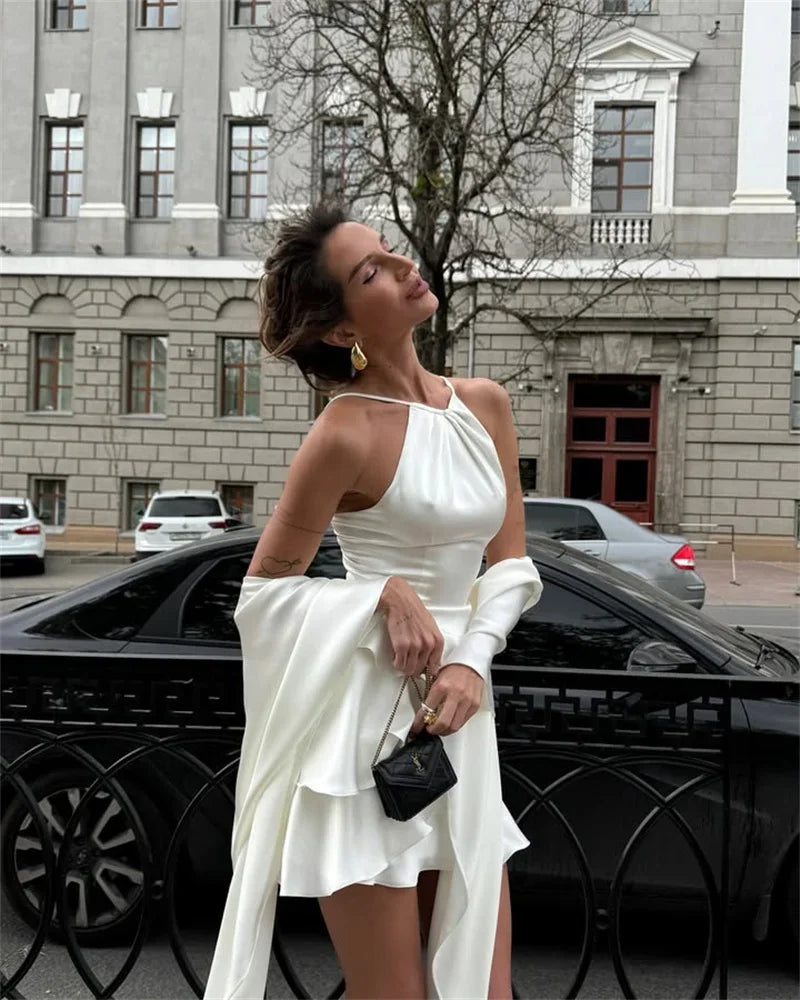 👑 QUEEN BOW SHAWL — MINI ROBE FEMME COL NŒUD MANCHES CHÂLE DOS NU