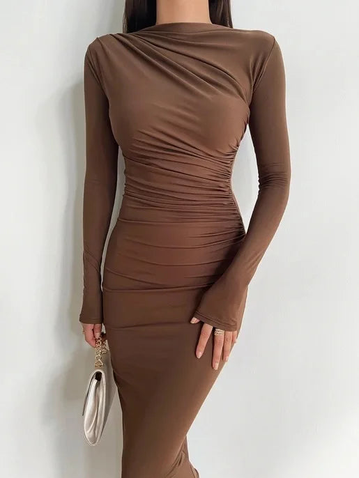 👑 QUEEN MIDI DRESS — ROBE MOULANTE MANCHES LONGUES COL DEMI-HAUT
