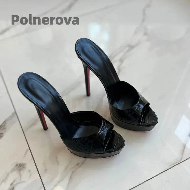 👑 ROYAL PLATFORM STILETTO — MULES CUIR VERNI À PLATEFORME & BOUT OUVERT