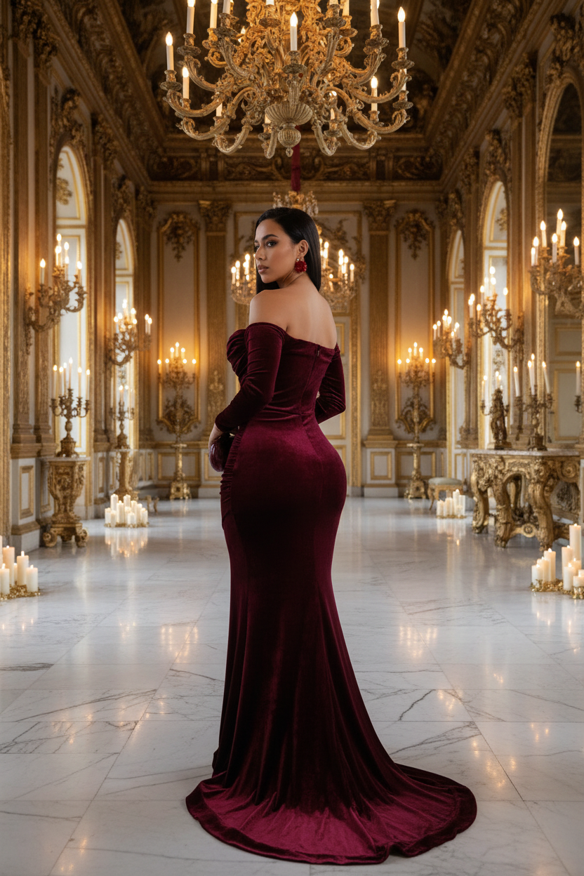 👑 QUEEN VELVET SIRÈNE — ROBE LONGUE ÉPAULE DÉNUDÉE FENTE HAUTE COUTURE