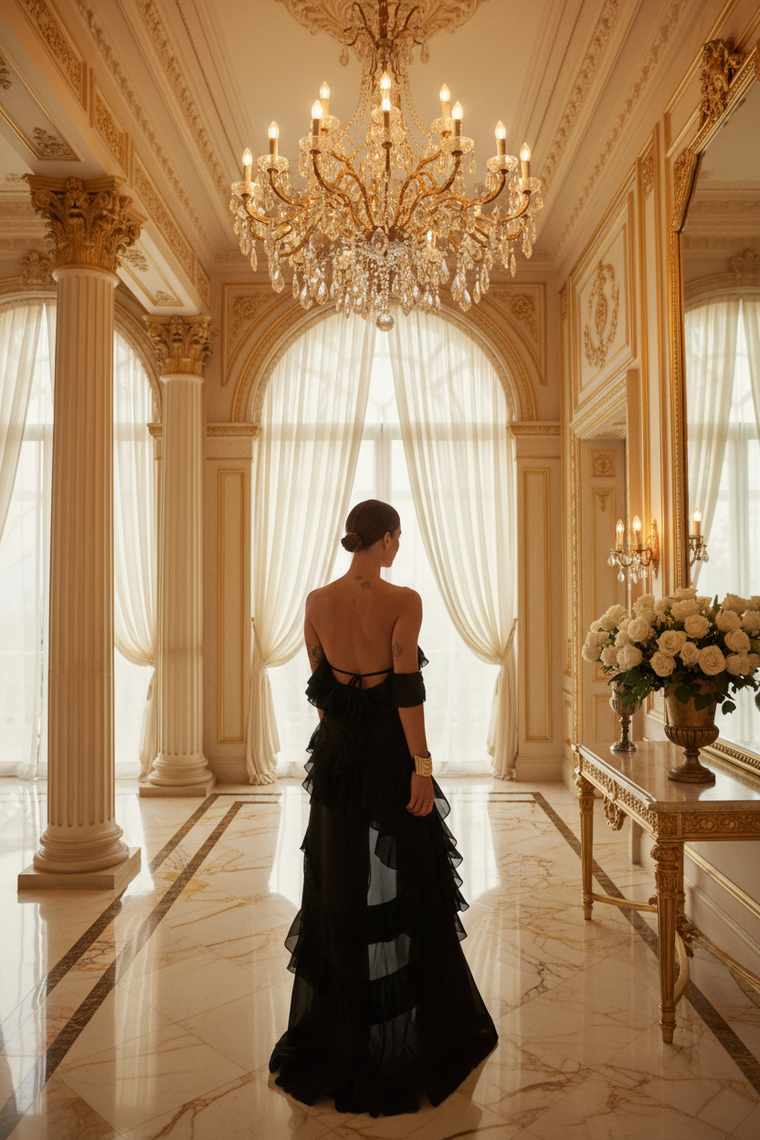 👑 QUEEN RUFFLE DRESS — ROBE MI-LONGUE VOLANTS ÉPAULES DÉGAGÉES