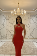 👑 QUEEN BANDAGE DRESS — ROBE MIDI BANDAGE HALTER COTÉLÉ ROUGE