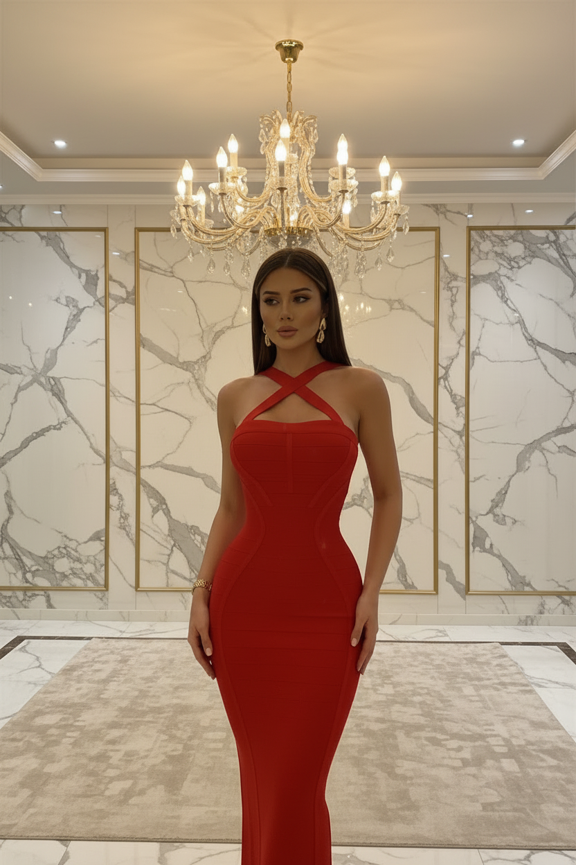 👑 QUEEN BANDAGE DRESS — ROBE MIDI BANDAGE HALTER COTÉLÉ ROUGE