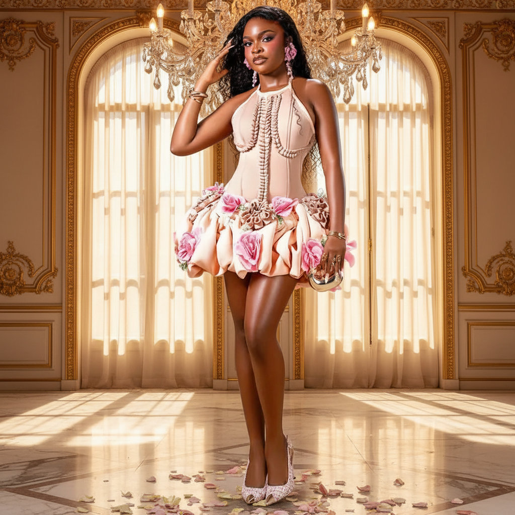 👑 QUEEN FLEURS 3D — ROBE COURTE APPLIQUÉS DOS NU SIGNATURE