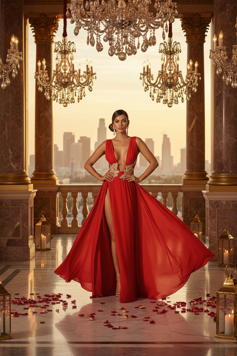 👑 QUEEN EMBROIDERY MAXI DRESS — ROBE LONGUE COL V PROFOND BRODERIE FENTE HAUTE DOS NU