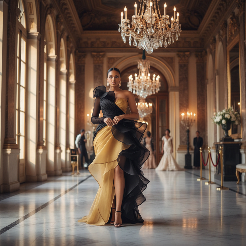 👑 QUEEN BLACK GOLD — ROBE SIRÈNE LONGUE NOIR & OR ORGANZA VOLANTS ÉPAULE ASYMÉTRIQUE FENTE HAUTE