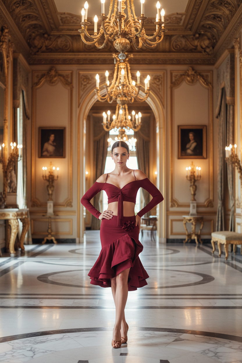 👑 QUEEN LATIN SET — TOP ÉPAULE DÉNUDÉE & JUPE À VOLANTS RUNWAY EDITION