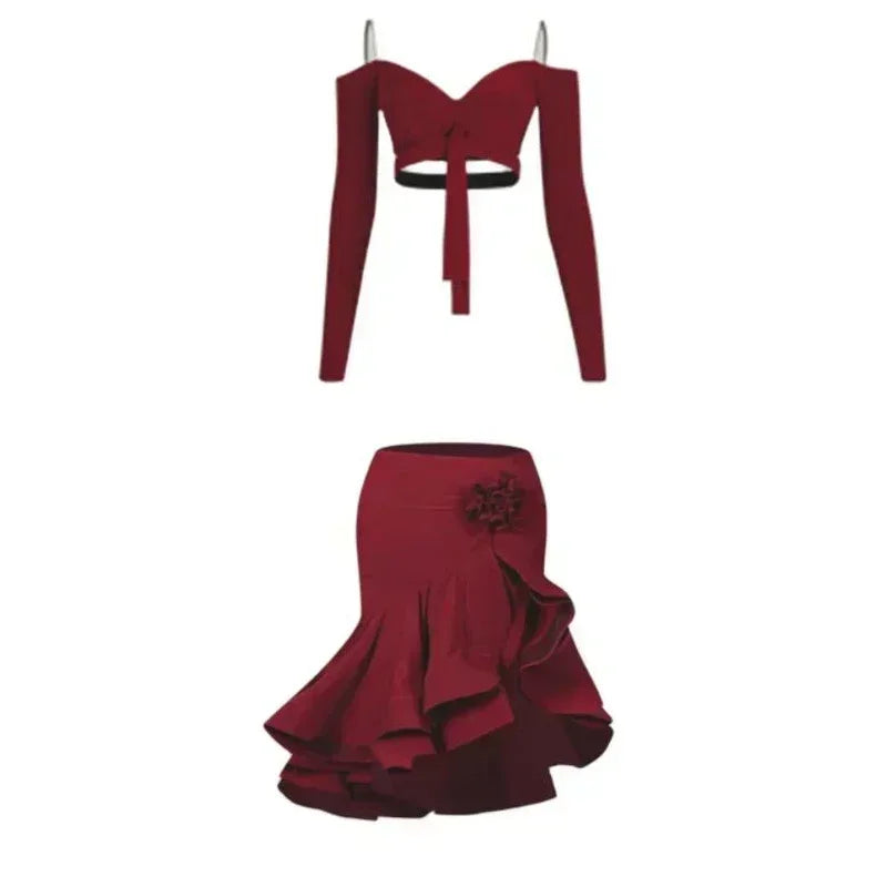👑 QUEEN LATIN SET — TOP ÉPAULE DÉNUDÉE & JUPE À VOLANTS RUNWAY EDITION