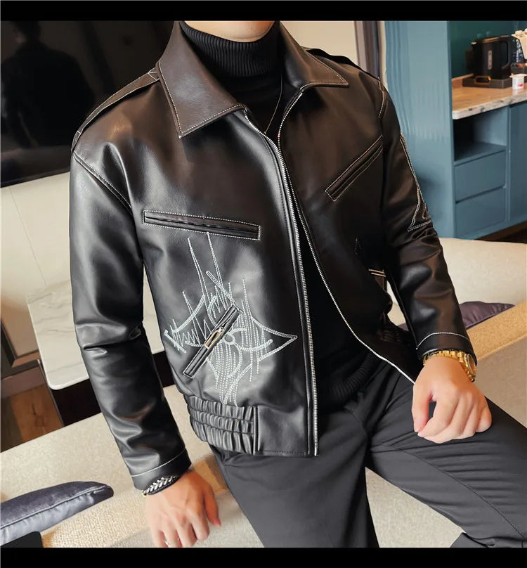 👑 KING EMBROIDERED LEATHER JACKET — VESTE CUIR BRODÉE PREMIUM HOMME