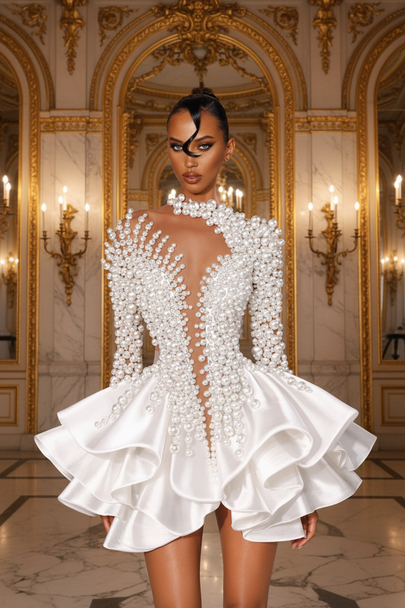 👑 QUEEN WHITE MINI — ROBE COCKTAIL COURTE BLANCHE MANCHES LONGUES FÊTE