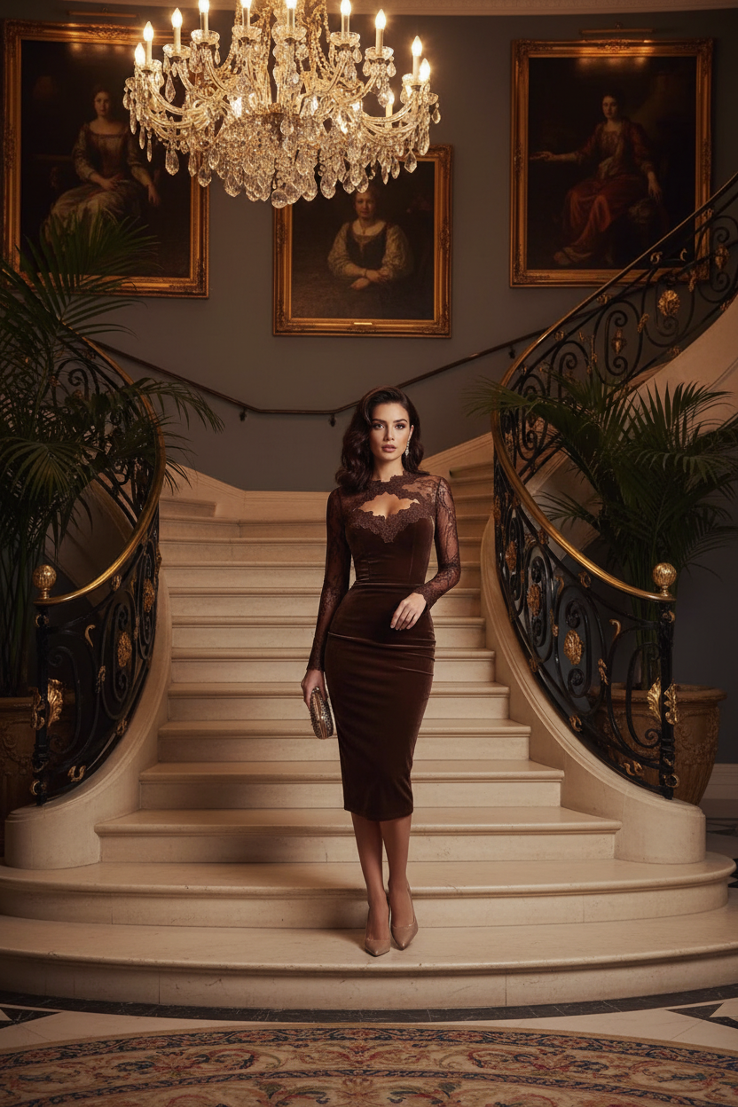 👑 QUEEN LACE DRESS — ROBE DENTELLE COL V MANCHES LONGUES