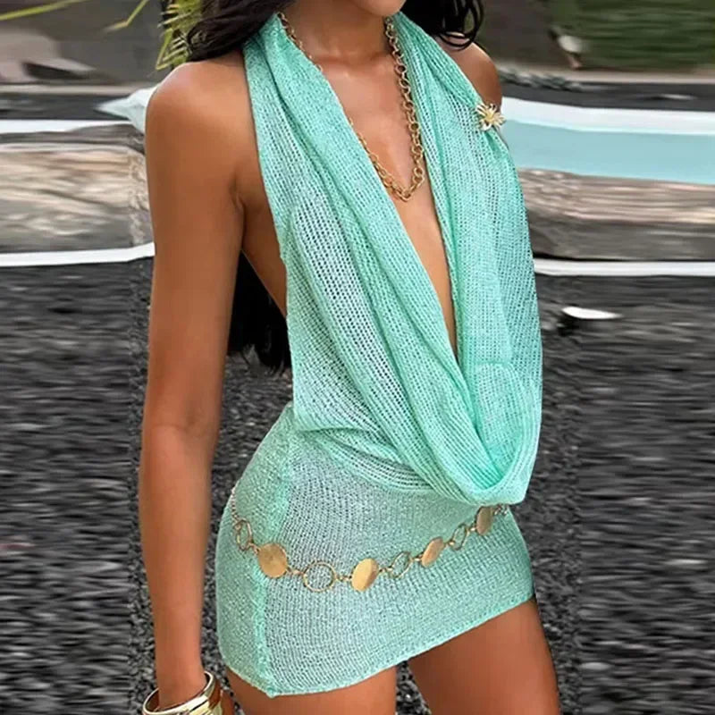 👑 QUEEN HALTER MINI — ROBE COURTE FEMME COL HALTER DOS NU