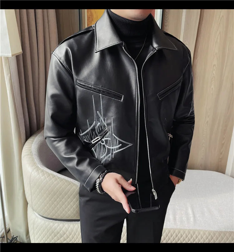 👑 KING EMBROIDERED LEATHER JACKET — VESTE CUIR BRODÉE PREMIUM HOMME