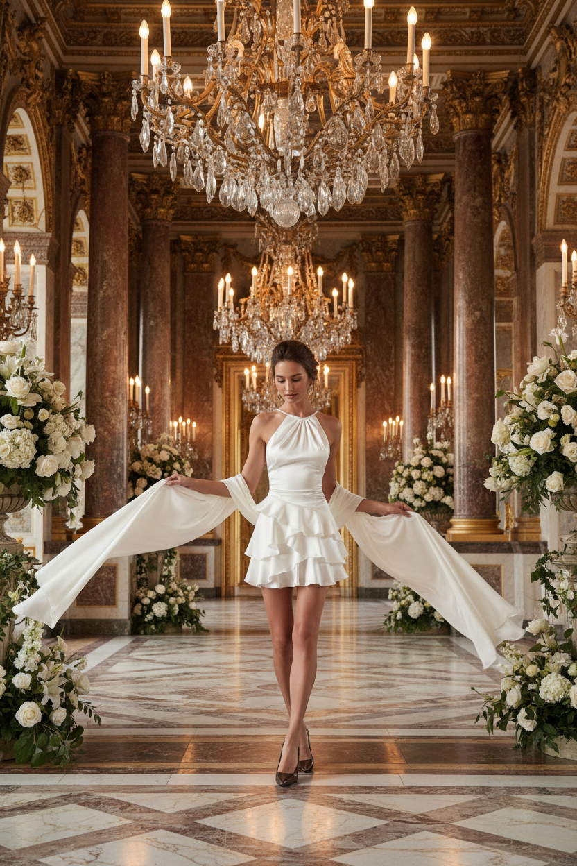 👑 QUEEN MINI DRESS — ROBE COURTE DOS NU MANCHES ÉCHARPE À VOLANTS