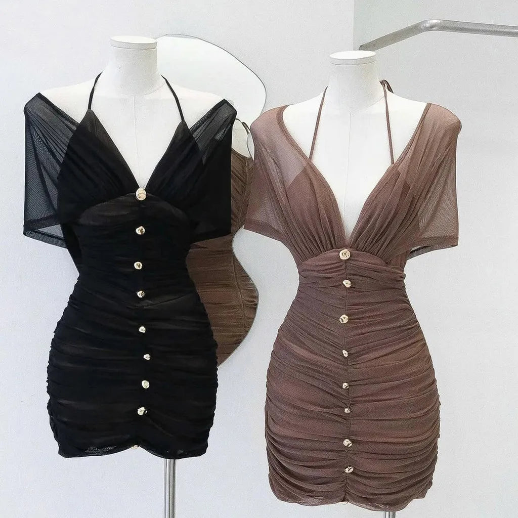 👑 QUEEN TRANSPARENCE — MINI BODYCON HALTER DÉCORATIONS MÉTAL