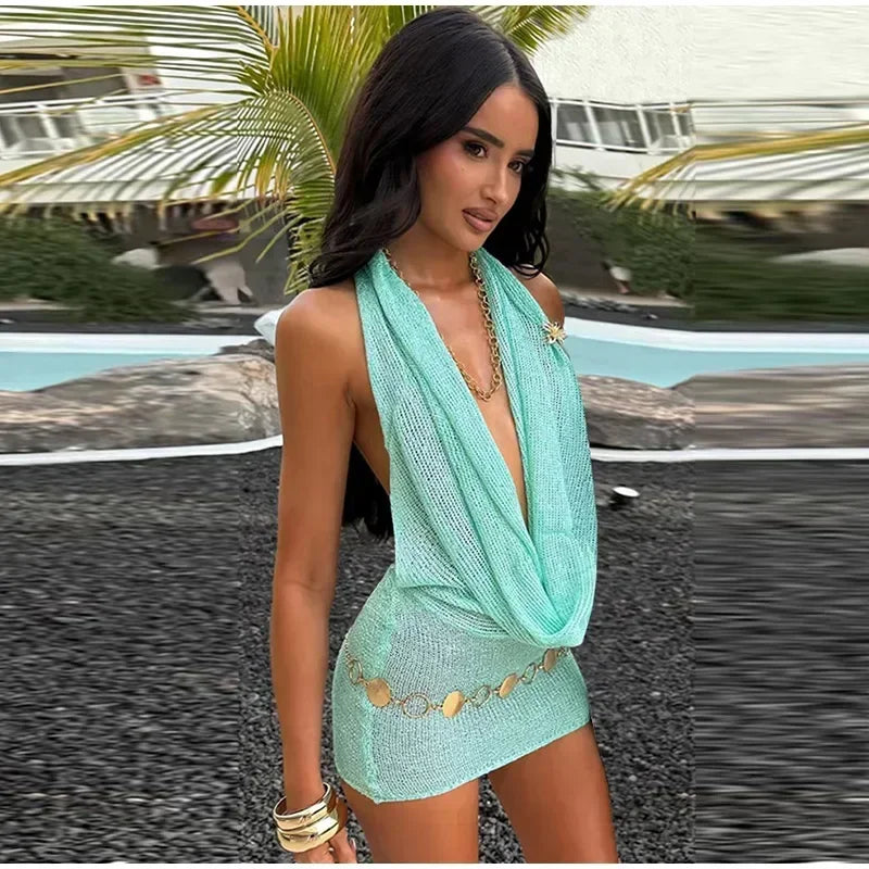 👑 QUEEN HALTER MINI — ROBE COURTE FEMME COL HALTER DOS NU