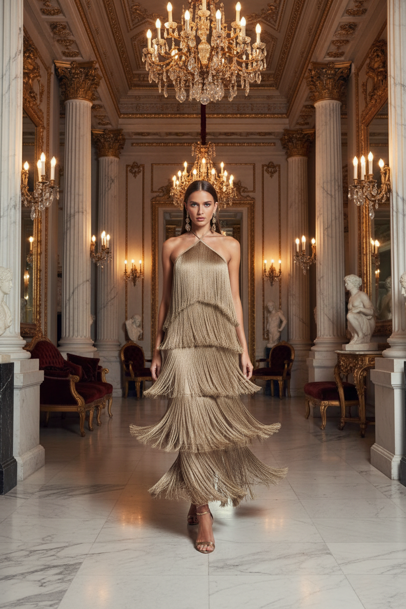 👑 Queen Franges Métallisées – Dos Nu Halter