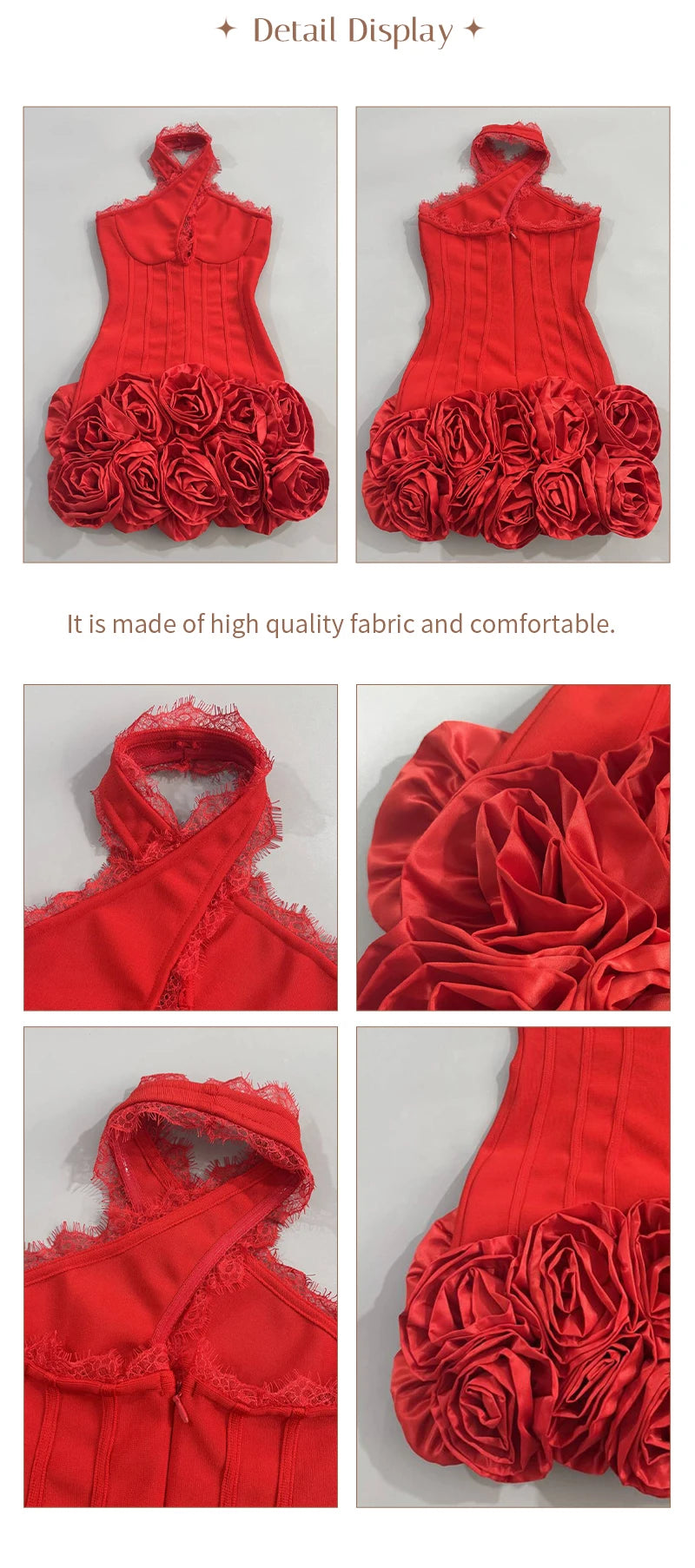 👑 QUEEN ROSE HALTER — MINI ROBE DENTELLE APPLIQUÉS ROSES