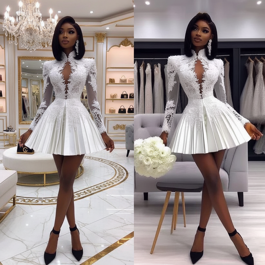 👑 QUEEN PEARL GALA — MINI ROBE PERLÉE APPLIQUÉS MANCHES LONGUES LIGNE A MULTI-NIVEAUX