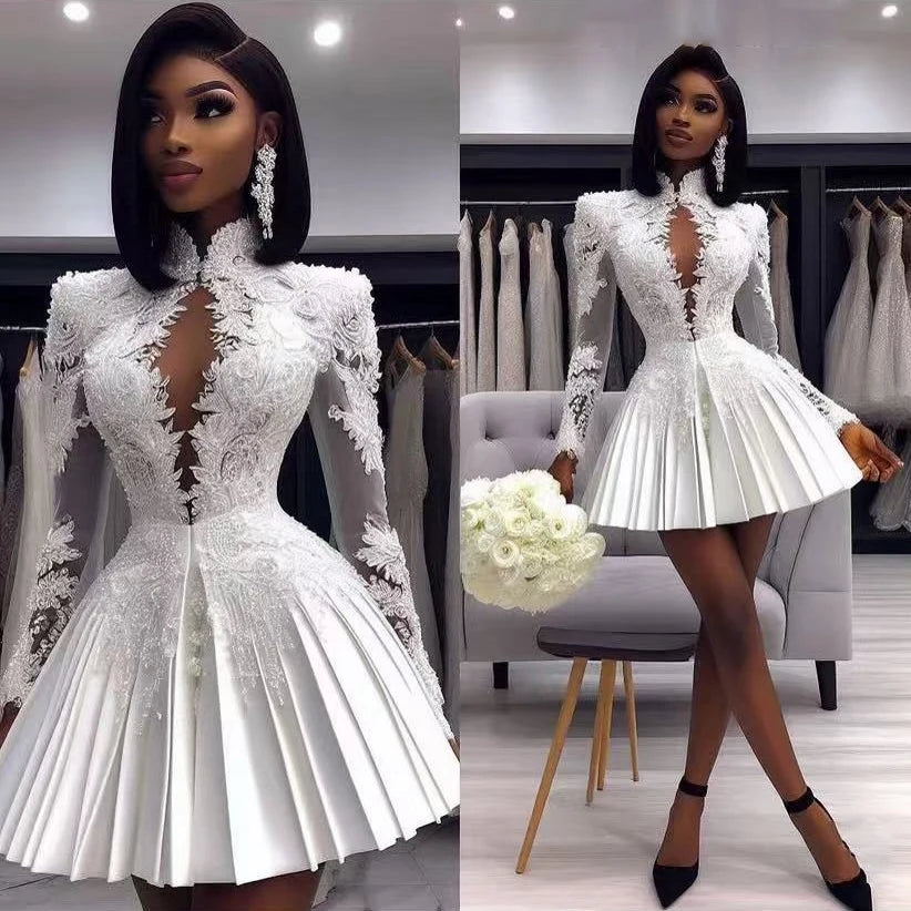 👑 QUEEN PEARL GALA — MINI ROBE PERLÉE APPLIQUÉS MANCHES LONGUES LIGNE A MULTI-NIVEAUX