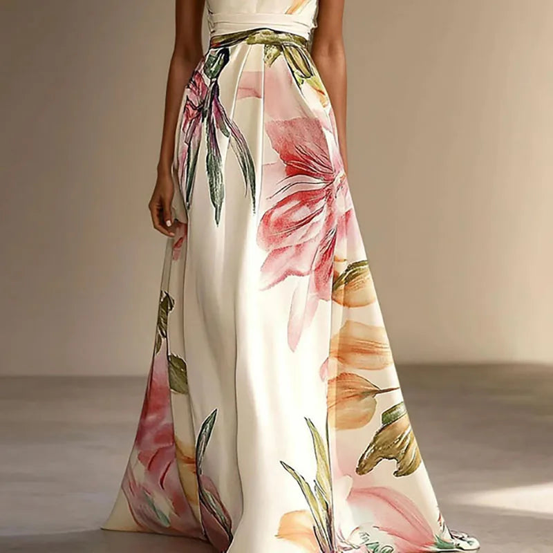 👑 QUEEN FLORAL ASYMÉTRIQUE — ROBE MAXI ÉPAULE DÉNUDÉE RUNWAY EDITION