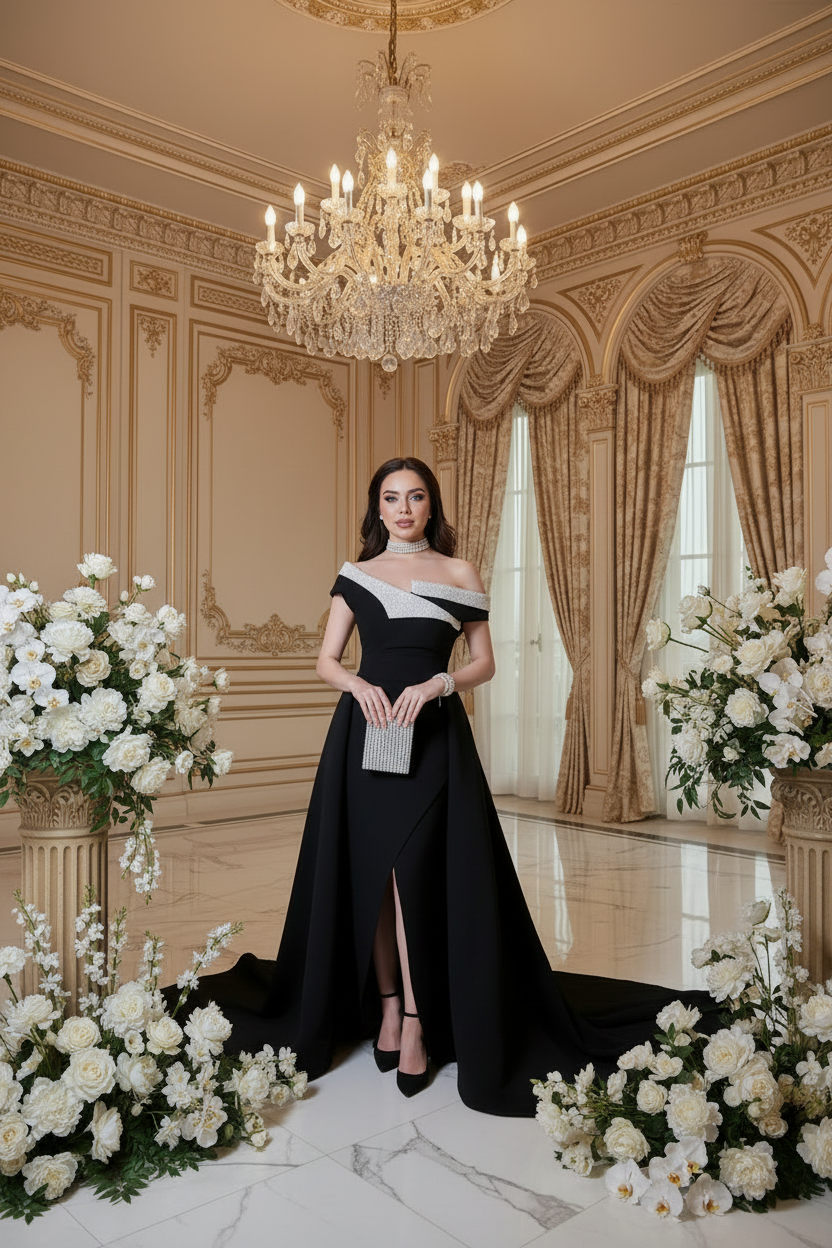 👑 Queen Sequins Drapé – Ball Gown Épaule Libre