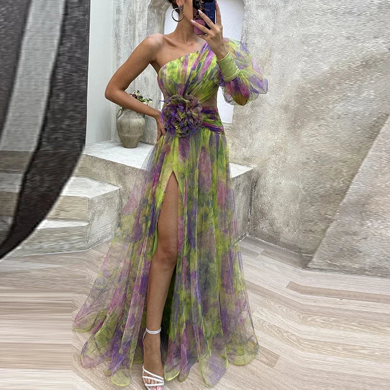 👑 QUEEN TIE-DYE SHOULDER — ROBE LONGUE FEMME UNE ÉPAULE IMPRIMÉ FLORAL