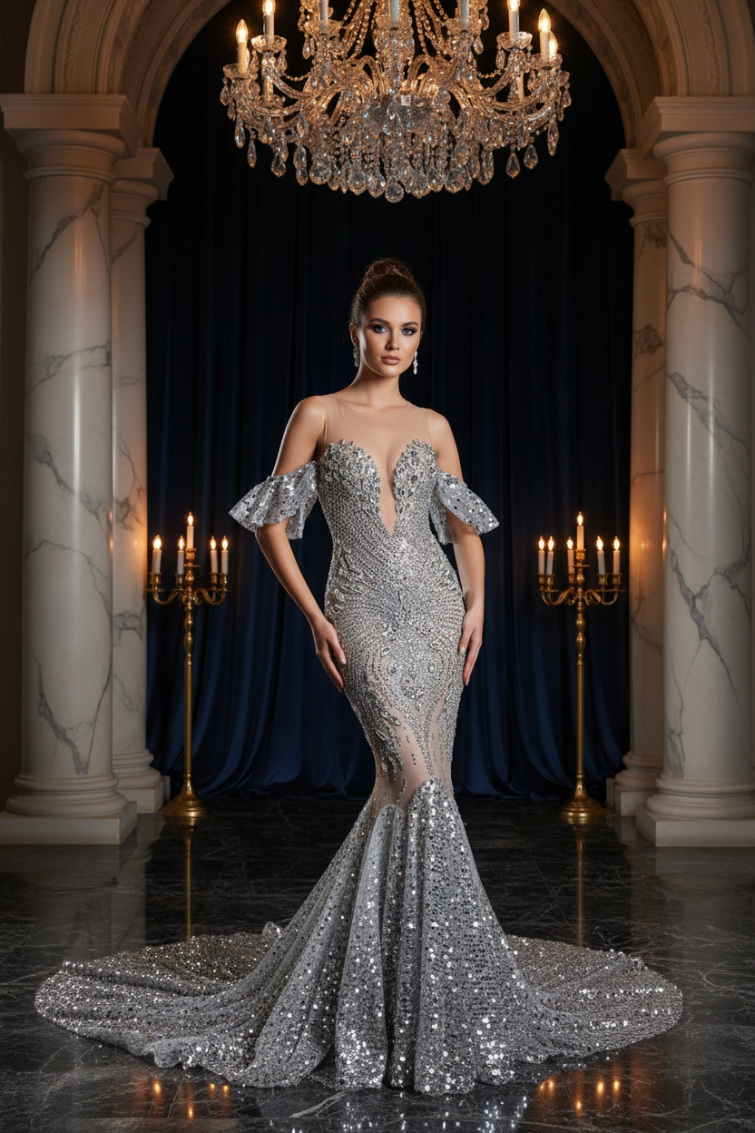 👑  QUEEN ROBE SIRÈNE ARGENT — SEQUINS ÉPAULE DÉNUDÉE  RUNWAY EDITION
