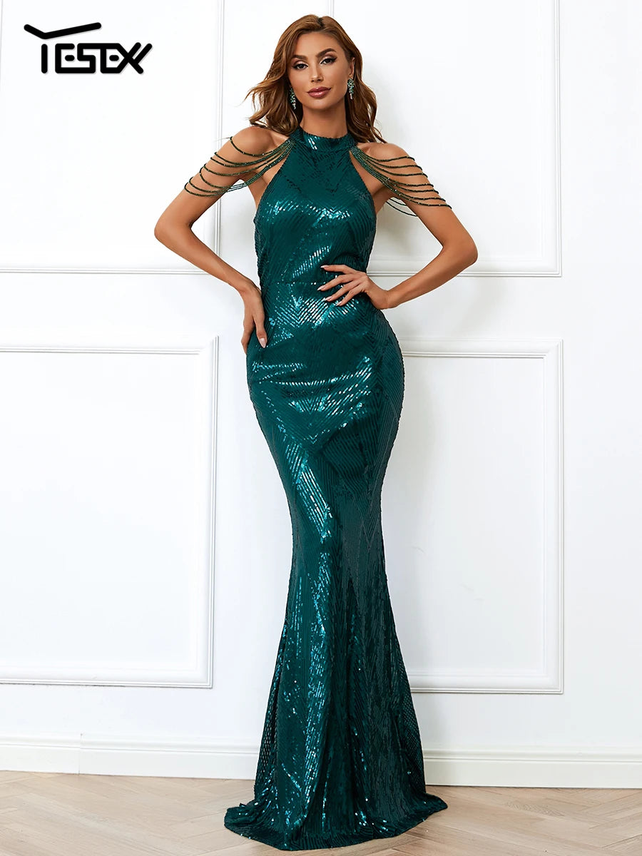 👑 QUEEN SEQUIN HALTER MAXI — ROBE LONGUE FEMME SEQUINS PERLÉS BODYCON