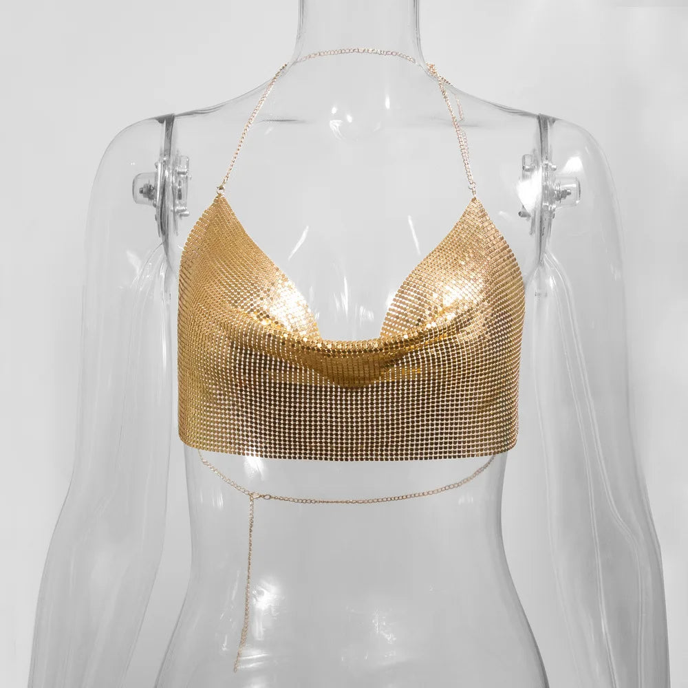 👑 QUEEN METAL — CROP TOP HALTER CORSET GLITTER
