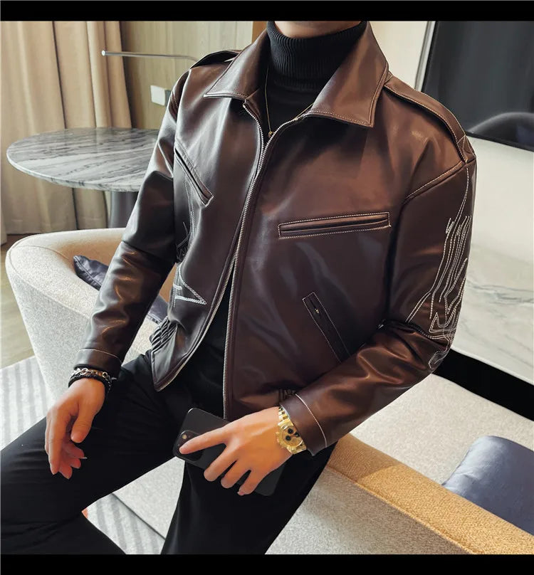 👑 KING EMBROIDERED LEATHER JACKET — VESTE CUIR BRODÉE PREMIUM HOMME