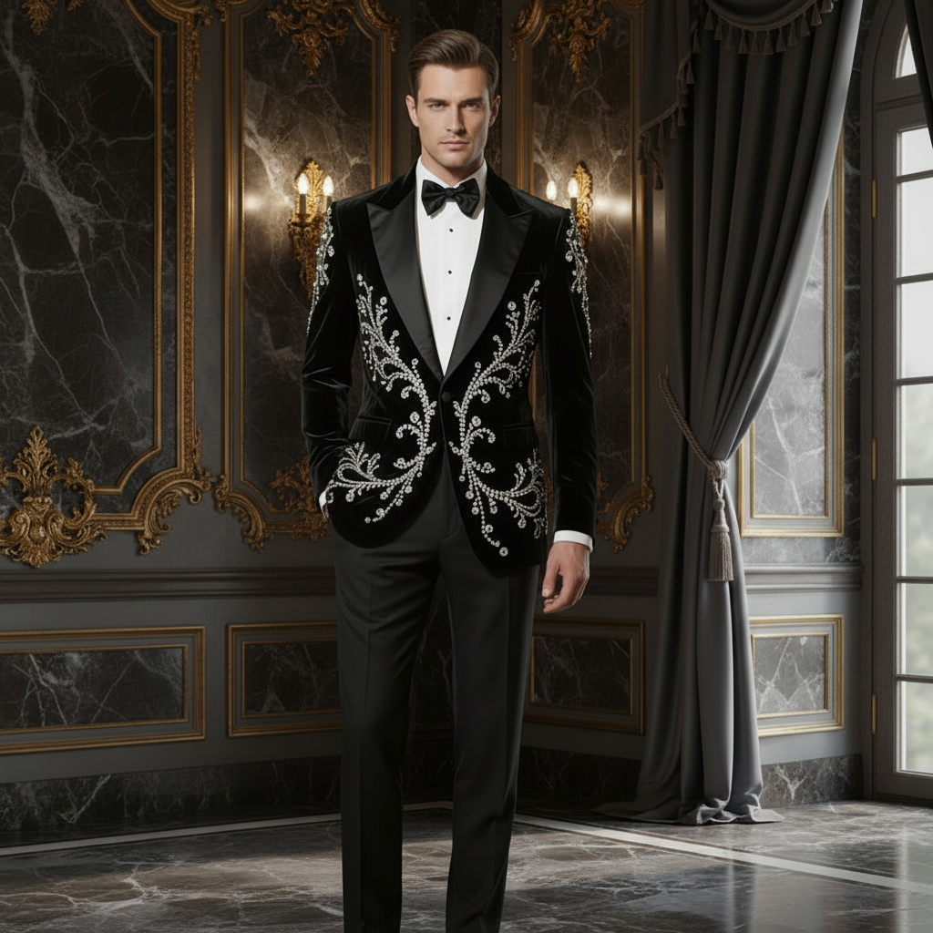 👑 KING TUXEDO VELOURS STRASS — SUR MESURE 2 PIÈCES RUNWAY EDITION