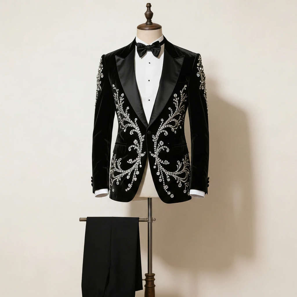 👑 KING TUXEDO VELOURS STRASS — SUR MESURE 2 PIÈCES RUNWAY EDITION