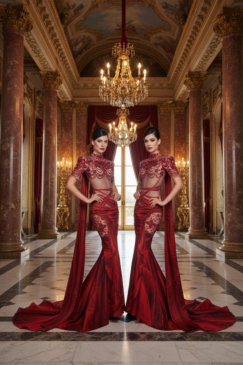 👑 QUEEN SPARKLE GOWN — ROBE LONGUE STRASS IMPRIMÉ COL MONTANT