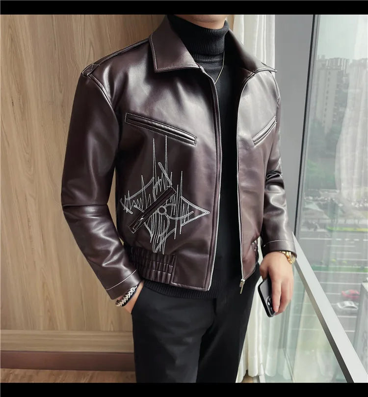👑 KING EMBROIDERED LEATHER JACKET — VESTE CUIR BRODÉE PREMIUM HOMME
