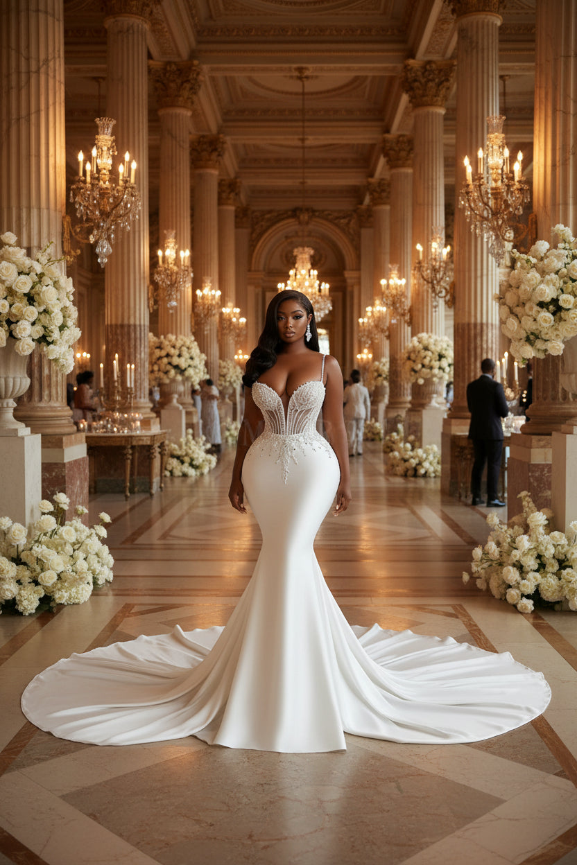 👑 QUEEN SATIN SPAGHETTI — ROBE MARIÉE SIRÈNE SATIN PERLÉE DENTELLE AFRICAINE
