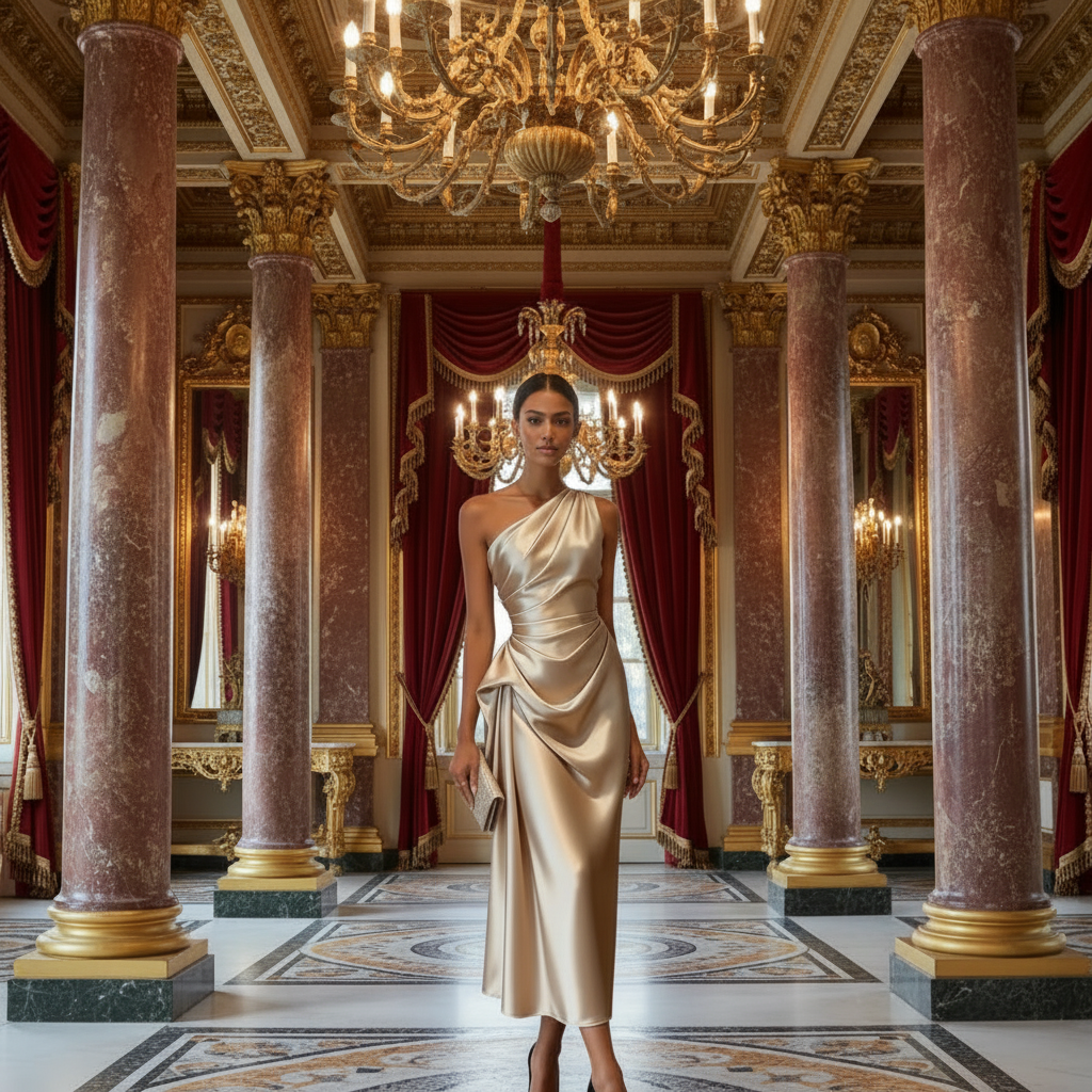 👑 QUEEN SATIN PLISSÉ — ROBE BANQUET SANS MANCHES RUNWAY EDITION