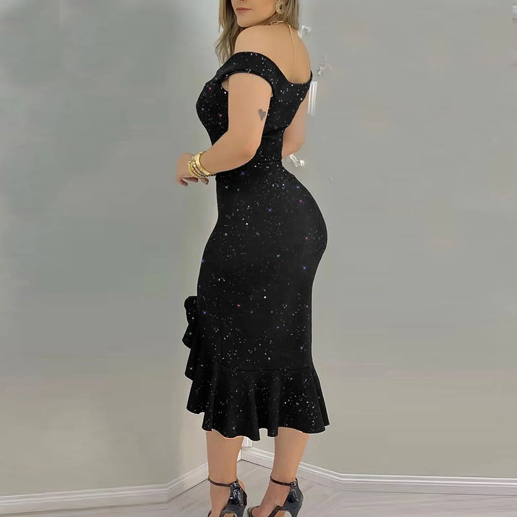 👑 QUEEN SEQUIN VOLANTS — ROBE ÉPAULE DÉNUDÉE RUNWAY EDITION