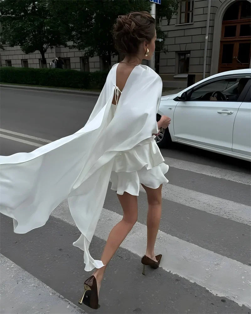 👑 QUEEN BOW SHAWL — MINI ROBE FEMME COL NŒUD MANCHES CHÂLE DOS NU