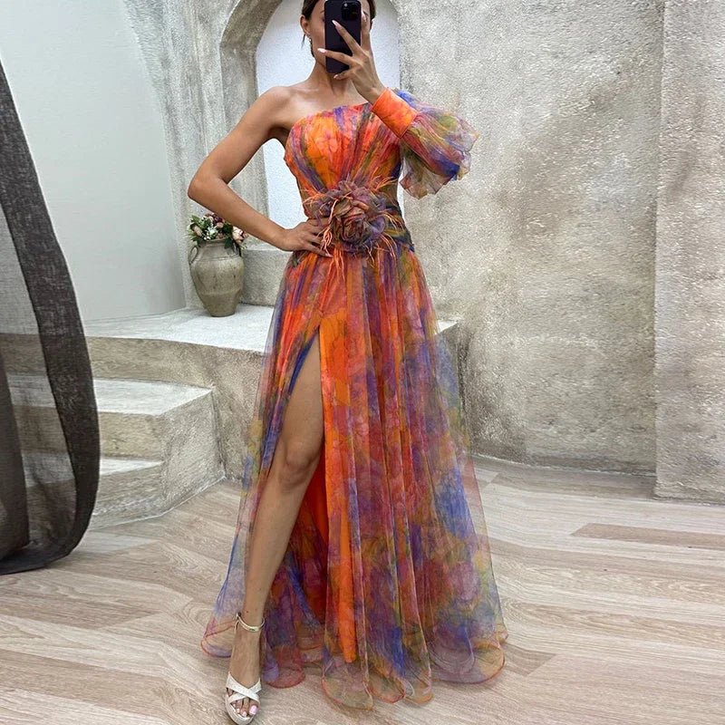 👑 QUEEN TIE-DYE SHOULDER — ROBE LONGUE FEMME UNE ÉPAULE IMPRIMÉ FLORAL