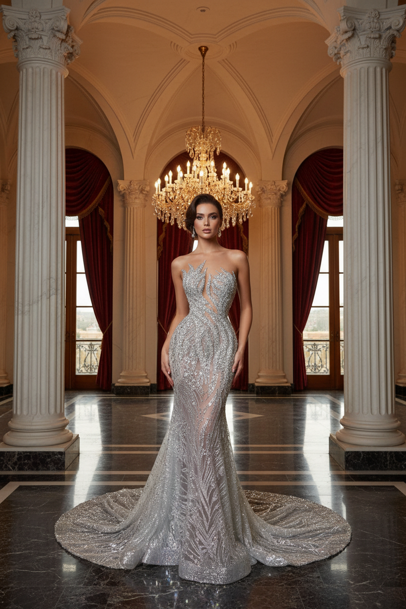 👑 QUEEN DIAMOND ILLUSION GOWN — ROBE SIRÈNE CRISTALLISÉE FENTE ILLUSION